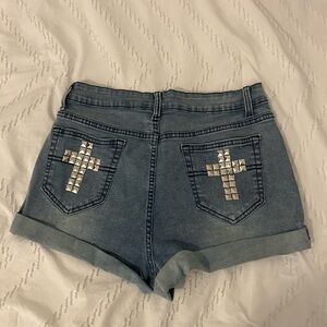 Romwe Silver Stud Cross Pockets High Rise Denim Shorts XL 31x1" Stretch Grunge